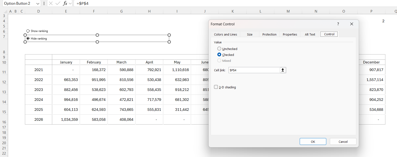 set up cell link for excel form control option button