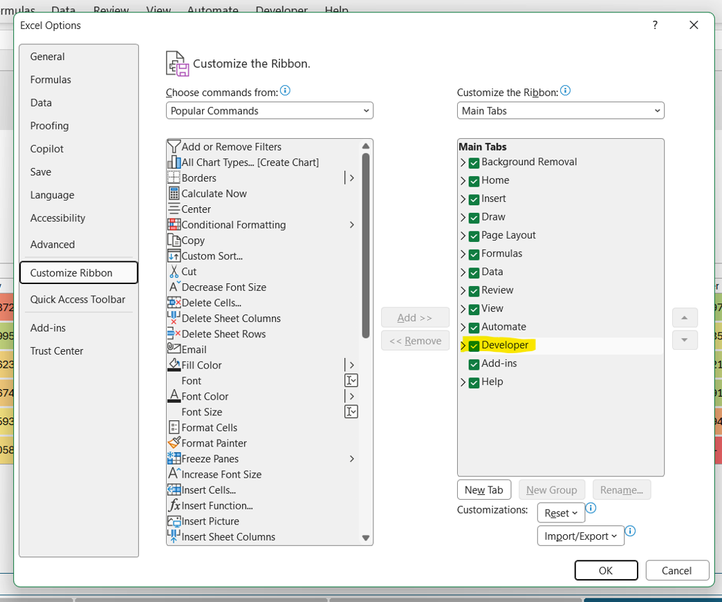 activate the developer tab from Customize Ribbon in Excel options
