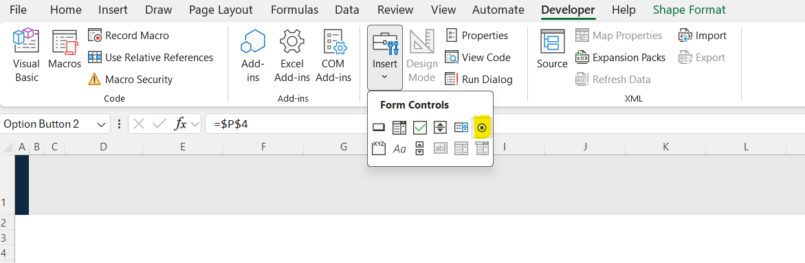 Insert an option button in Excel from the Developer tab, Form Controls