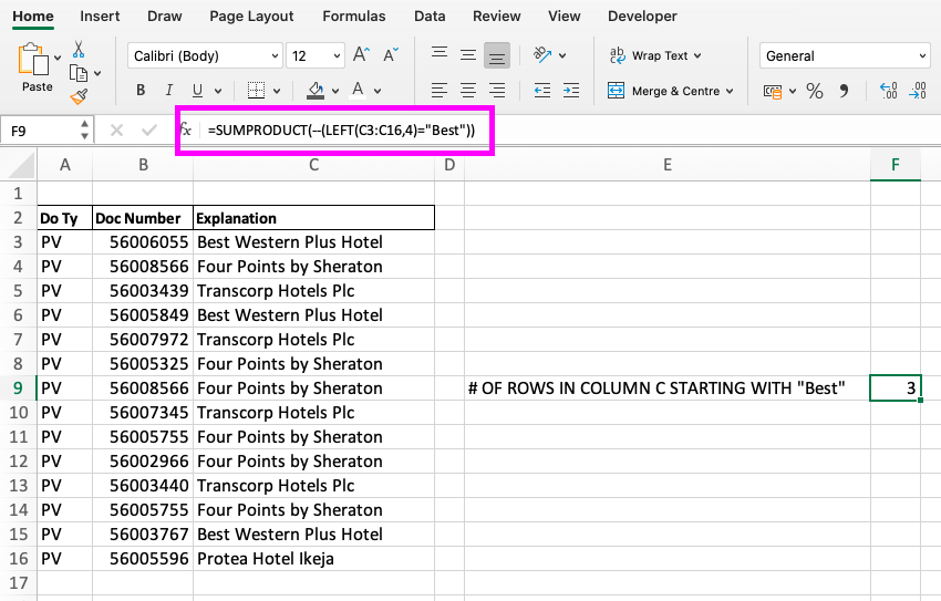 Count Cells Starting with the Same Prefix in Excel (SUMPRODUCT + LEFT)