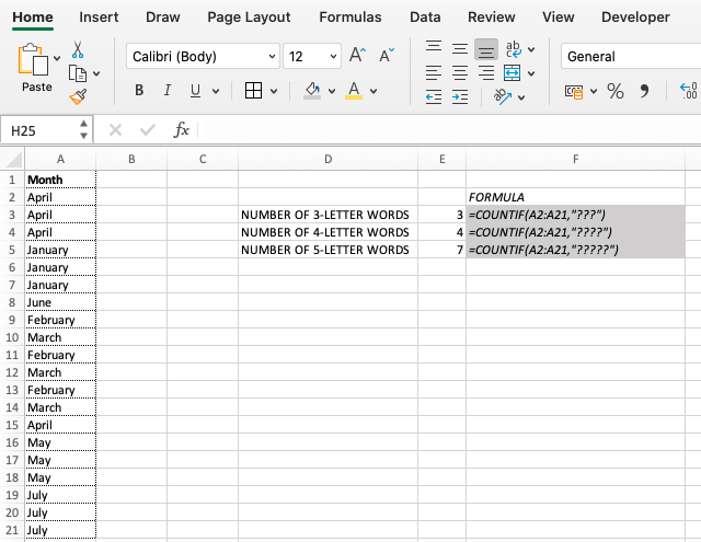 Count Words of a Specific Length in an Excel Range Using COUNTIF